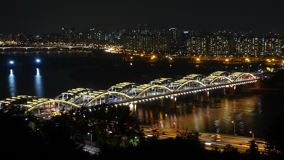 bridge an city during nighttime, seoul, night view, han river