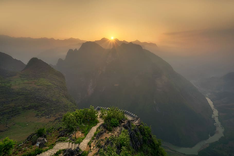 landscape photo of mountain, aerial photography of hills and river HD wallpaper