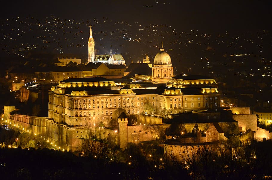 brown stoned building with lights during nighttime, Budapest HD wallpaper