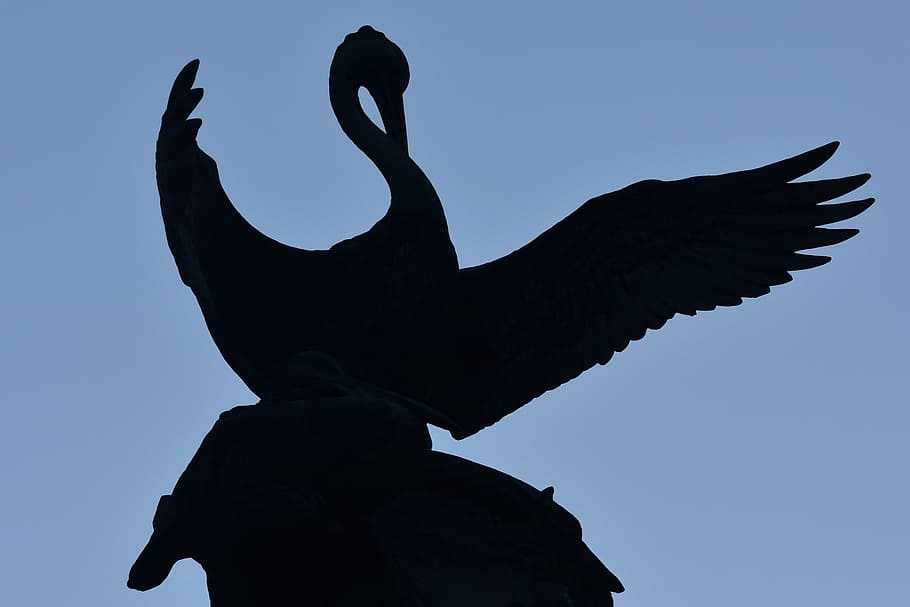 swan, image, statue, animal, wings, sculpture, sky, low angle view HD wallpaper