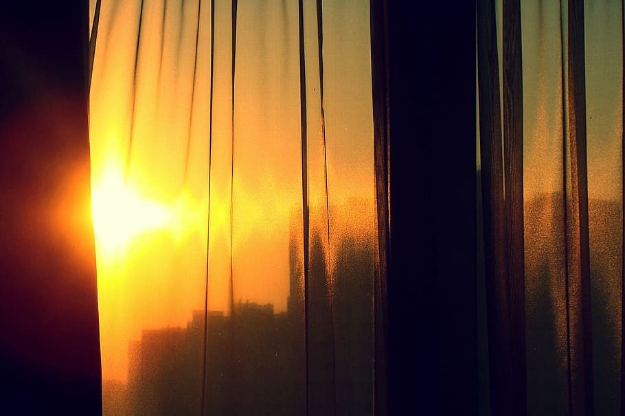 yellow curtain, sun, tulle, window, sunset, blinds, atmosphere, HD wallpaper