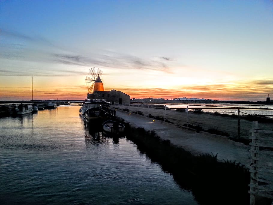 Mozia, Sicily, Sunset, Seasalt, Marsala, trapani, italy, windmill, HD wallpaper