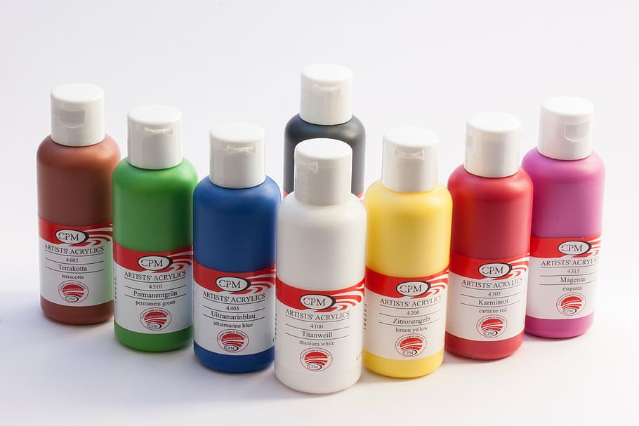 acrylic paints, color, bottles, colorful, white, yellow, red, HD wallpaper