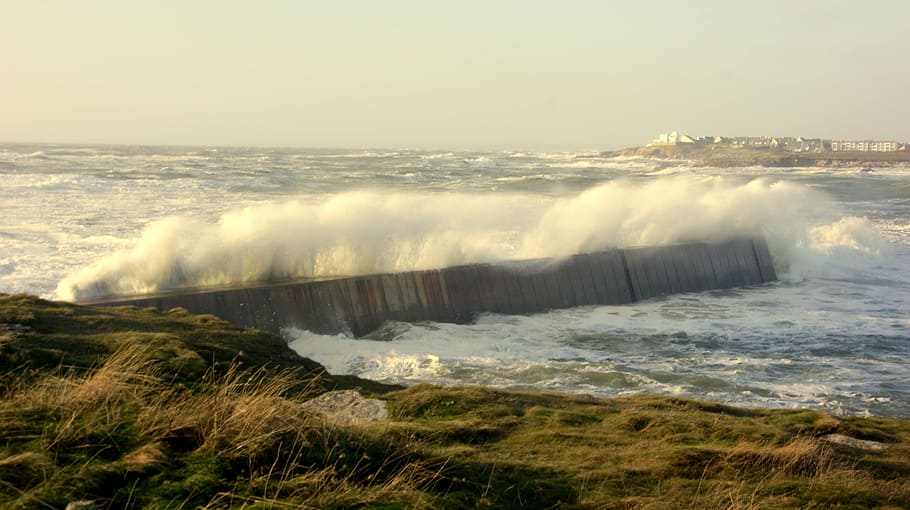 storm, pier, brittany, water, scenics - nature, motion, sea HD wallpaper