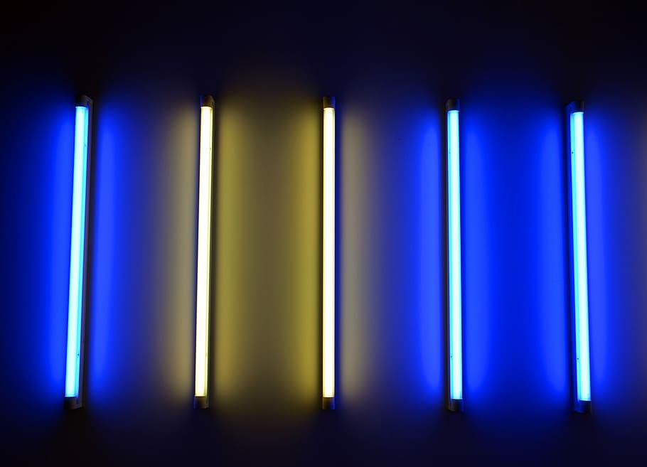 neon tube, neon light, art installation, biennale, blue, white, HD wallpaper