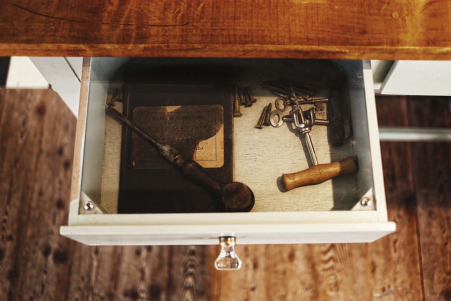 opened white wooden drawer, white wooden drawer, brown, tool HD wallpaper