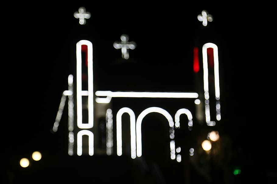lighted church, untitled, cross, bokeh, shape, night, black, dark HD wallpaper