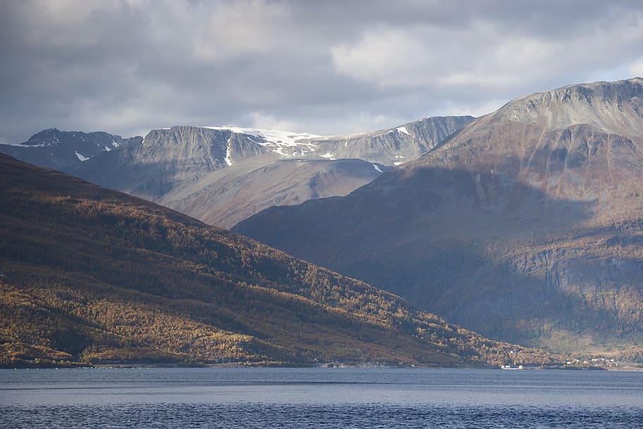 landscape, mountains, sea, clouds, snow, water, beach, norway HD wallpaper