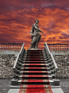 Greece statuette, sunset, stairs, staircase, sculpture, red HD wallpaper