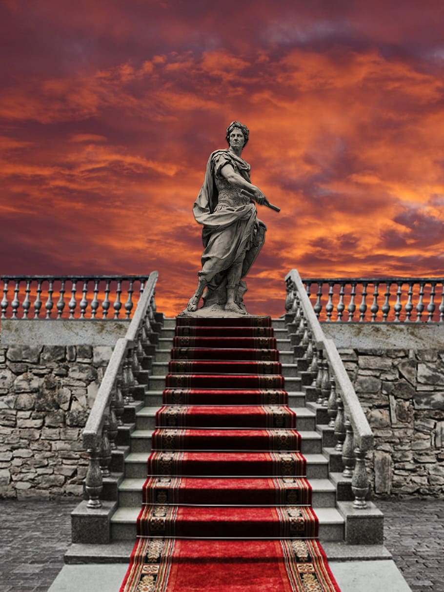 Greece statuette, sunset, stairs, staircase, sculpture, red HD wallpaper