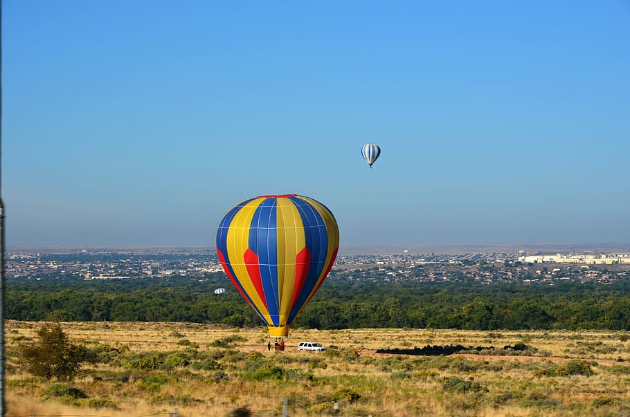 two hot air balloons over beige land, two hot air balloons, fly, HD wallpaper