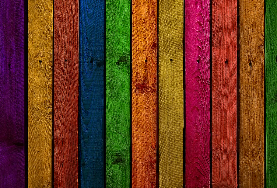 multicolored wooden fence, boards, branches, spruce, spruce wood