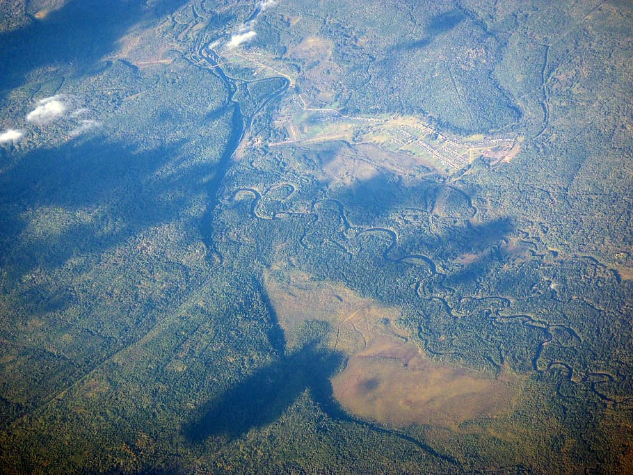 russion, taiga, forest, river, nature, bird view, plane view HD wallpaper