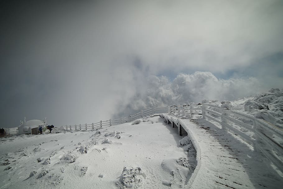 landscape photography of snow pathway under white clouds, mountain HD wallpaper