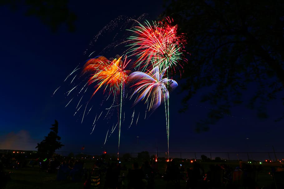 assorted-color fireworks display during night time, red, blue, and orange firework display HD wallpaper