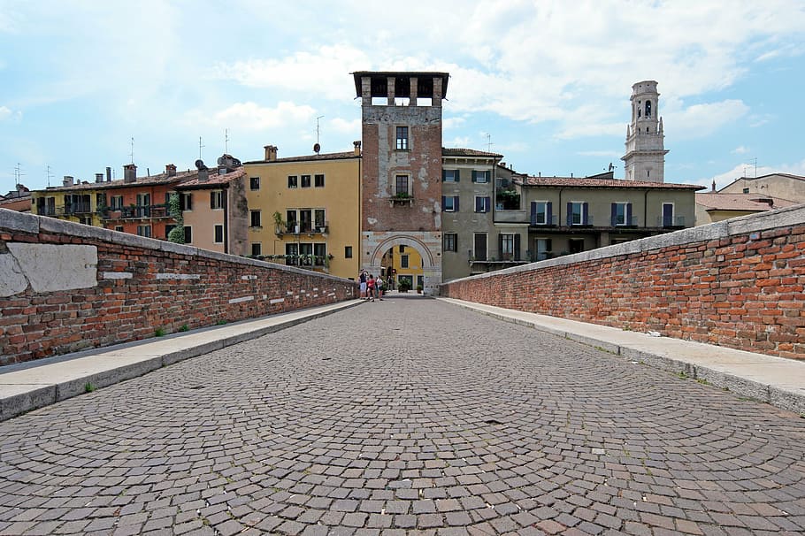 verona, stone bridge, entrance, door, tourism, campanile, city, HD wallpaper