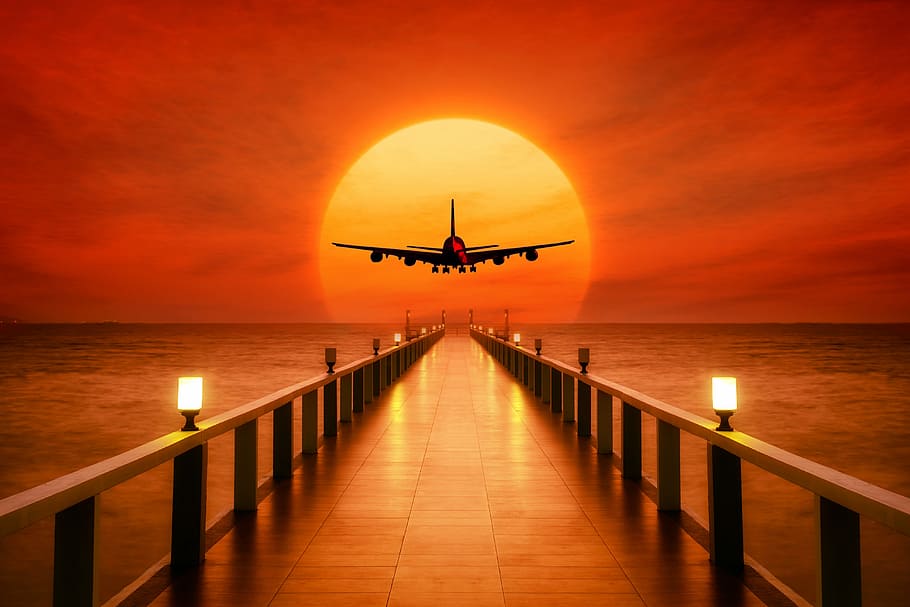 sunset, plane, take off, nature, sunrise, water, ocean, transport HD wallpaper