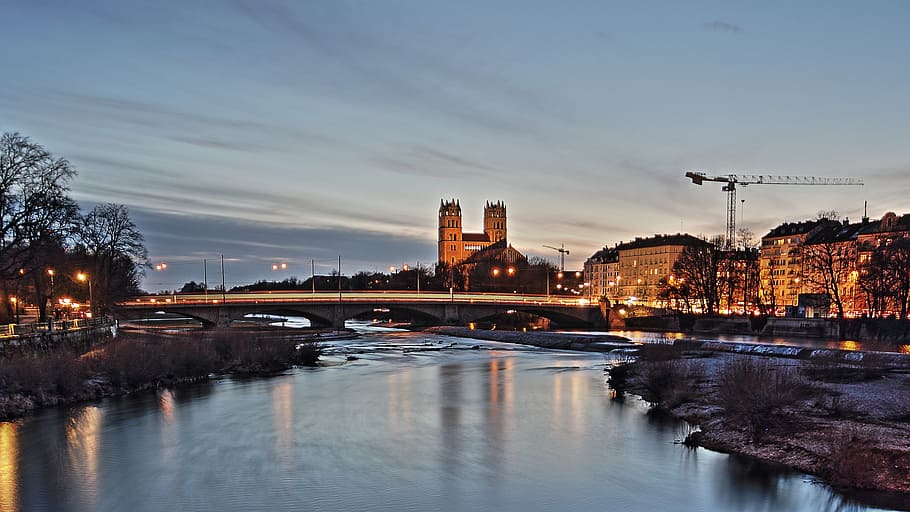 London Bridge during daytime, munich, isar, night, river, water, HD wallpaper