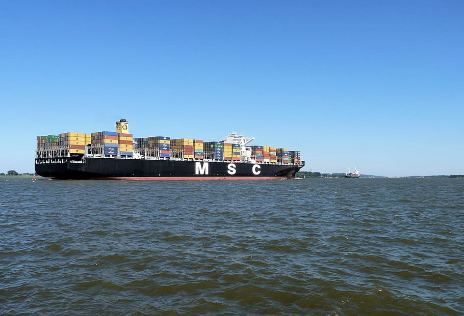 black MSC cruise ship on sea at daytime, Elbe, Ship, Container HD wallpaper