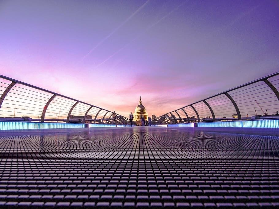landscape photography person walking on bridge during daytime HD wallpaper