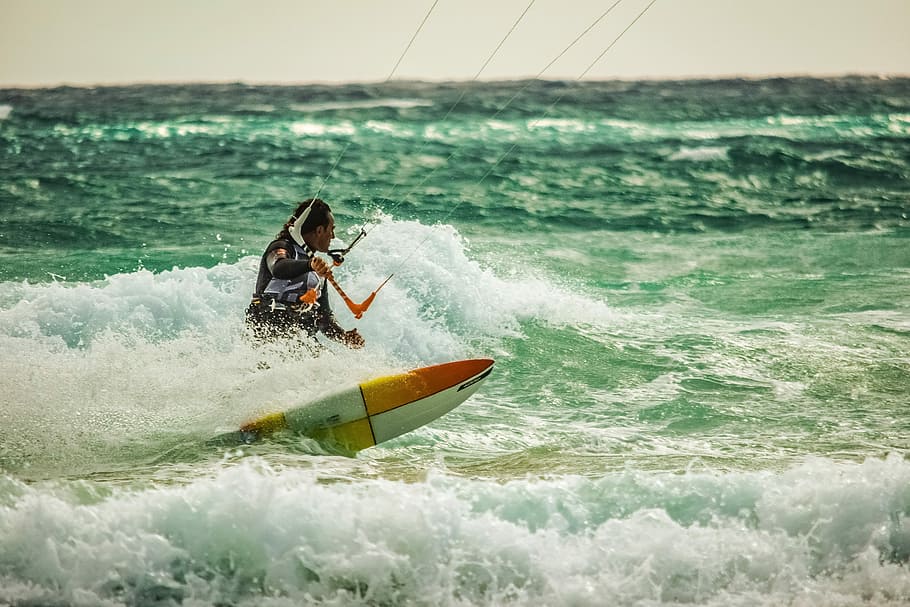 kiteboarding, surf, surfer, spray, wave, water, wind, splash HD wallpaper