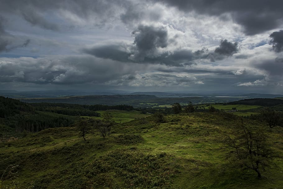 clouds, grass, grassland, hill, landscape, mountain, nature HD wallpaper