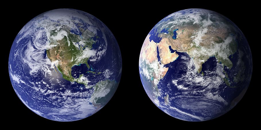earth collage, planet, front side, back, continents, globe HD wallpaper