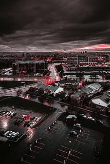 aerial photography of city under dark clouds at daytime, architecture HD wallpaper
