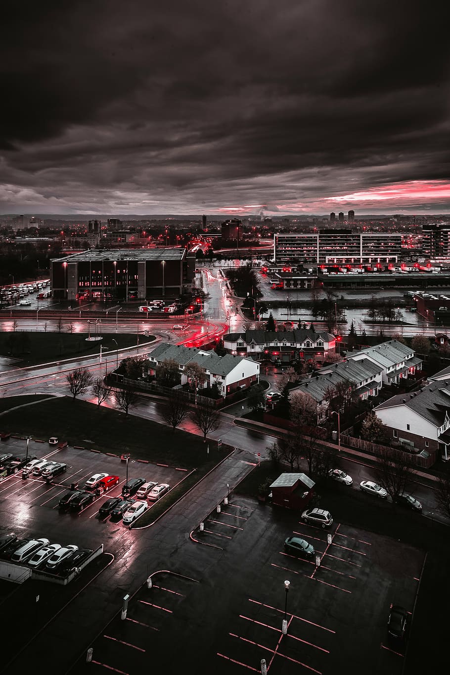aerial photography of city under dark clouds at daytime, architecture HD wallpaper