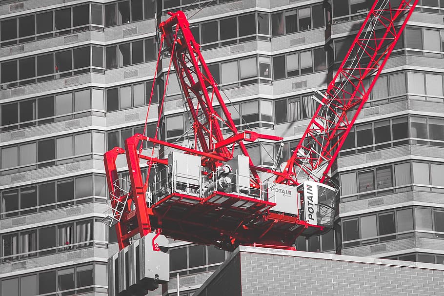 red and white building crane, construction, architecture, nyc HD wallpaper