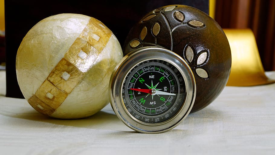 light, compass, balls, close-up, no people, still life, indoors, HD wallpaper