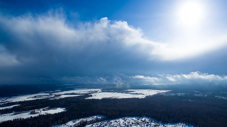 aerial view of forest, aerial photography of snow covered buildings during daytime HD wallpaper