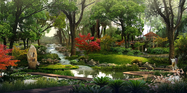 green grass field, park, rendering, visualization, architecture HD wallpaper