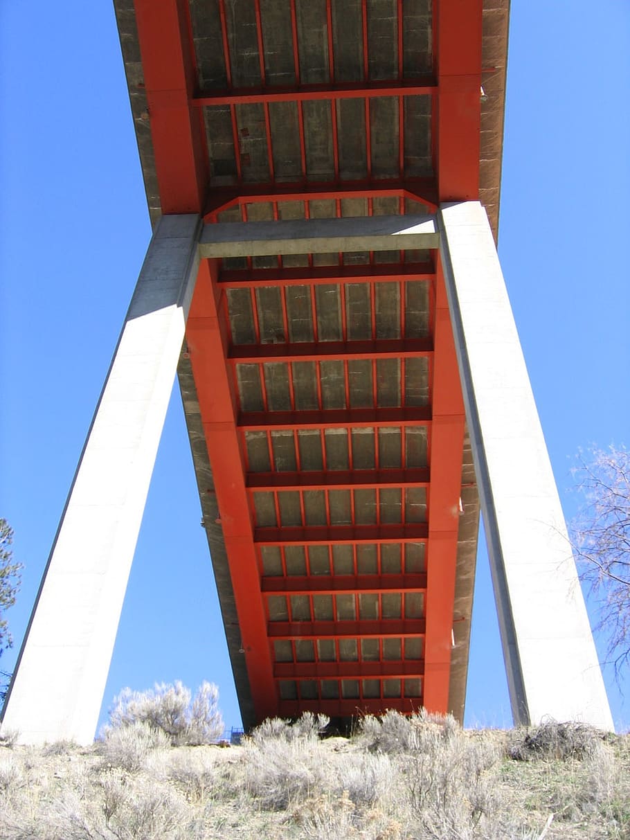 bridge, orange, decking, pillar, structure, cross, passage HD wallpaper