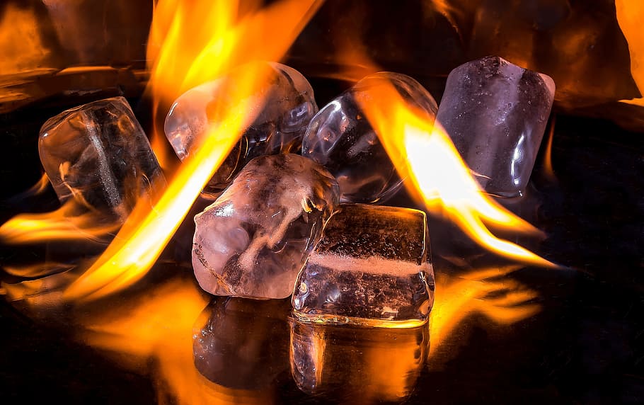 burning ice illustration, ice cubes, fire, flame, hot, ice cold