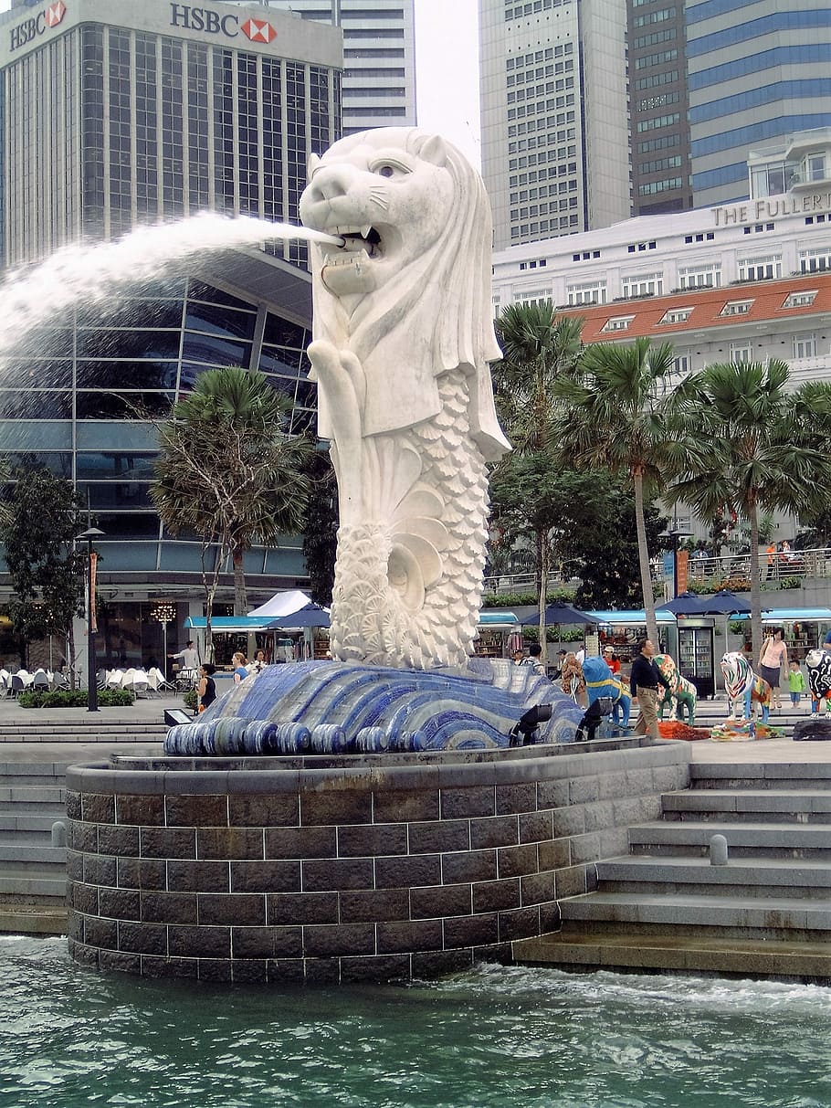 Singapore, Lion, Fountain, Water, Asia, famous Place, statue, HD wallpaper