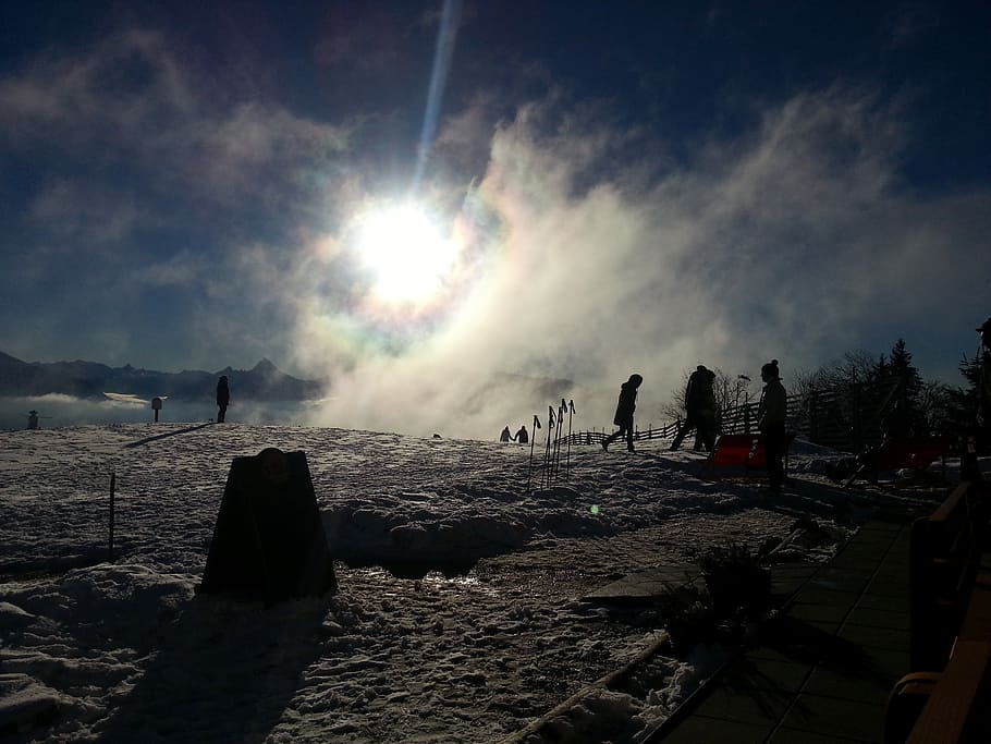 gaisberg, salzburg, austria, fog, snow, sky, nature, real people, HD wallpaper