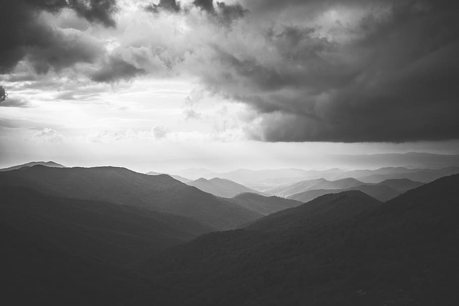 mountains under white sky during daytime, grayscale photography of mountains under thick clouds HD wallpaper