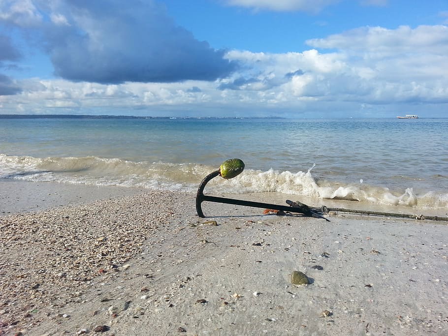 mar, cloud, beach, blue, sky, sand, anchor, beira mar, blue sky HD wallpaper
