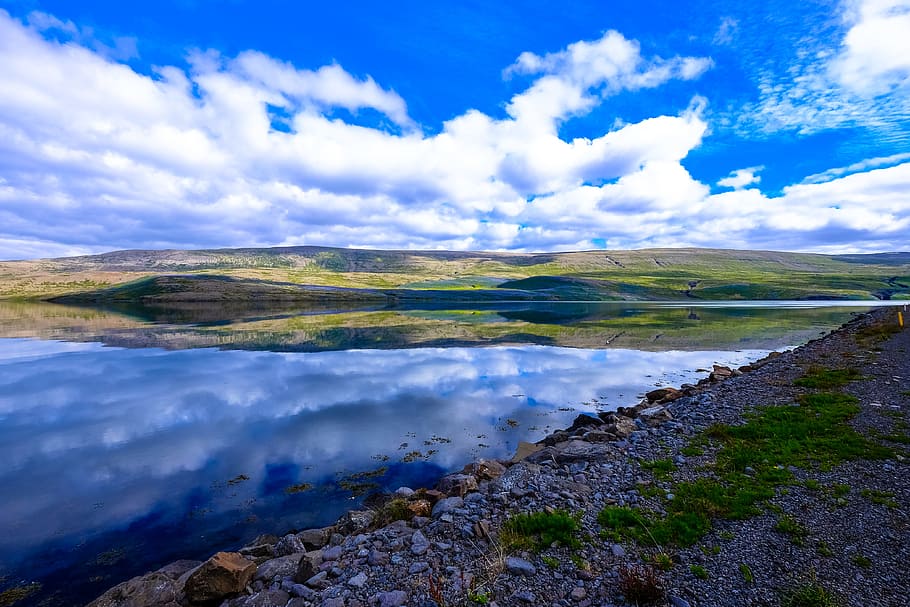 landscape, nature, sky, water, clouds, daylight, grass, lake HD wallpaper