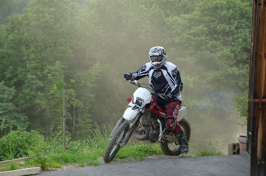 HD wallpaper: man riding white motorcycle, enduro, motorcyclist 