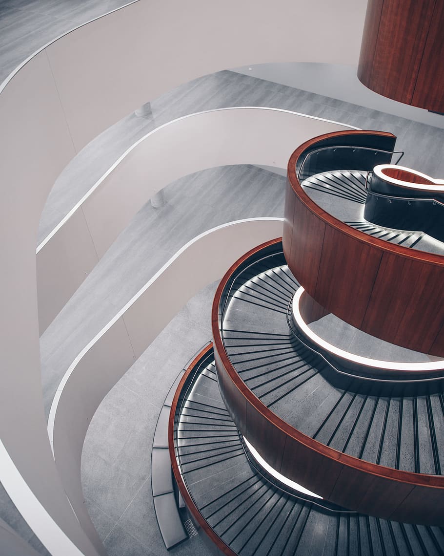 brown spiral staircase, Curves 1, interior, coil, steps, modern HD wallpaper