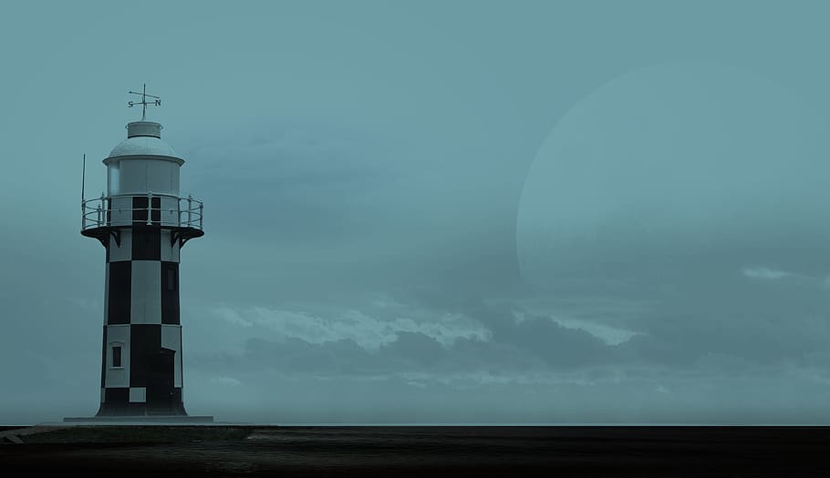 photo of black and white lighthouse tower, moon, sea, clouds HD wallpaper