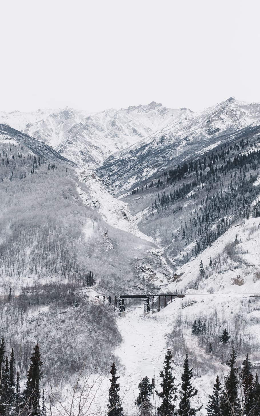 black bridge surrounded by mountain covered with snow under white sky, photograph of ice mountain HD wallpaper