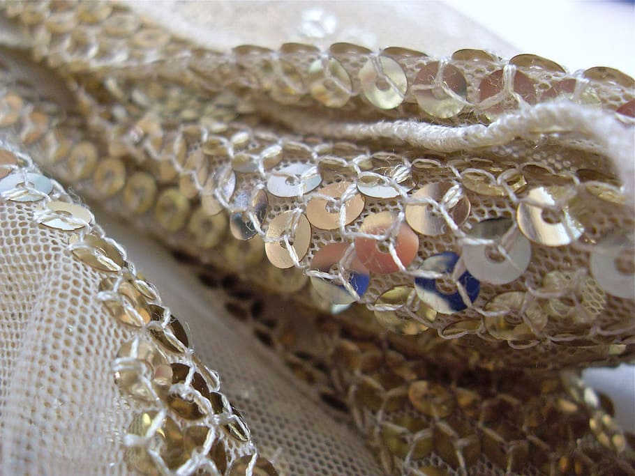 close-up, macro, sequins, textiles, fabric, scarf, gold, yellow HD wallpaper