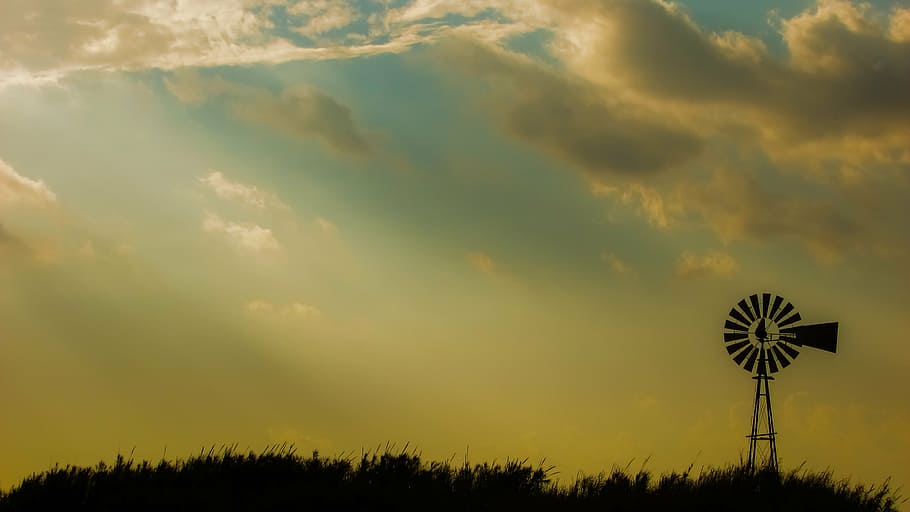 metal windmill on the horizon, afternoon, sky, clouds, sunset HD wallpaper