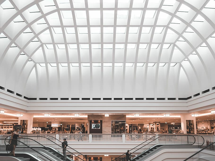 white dome building with scalator, man on escalator inside concrete building HD wallpaper