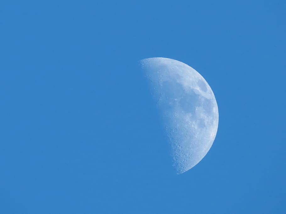 Daylight, Half Moon, Blue Sky, moon surface, astronomy, tranquil scene HD wallpaper