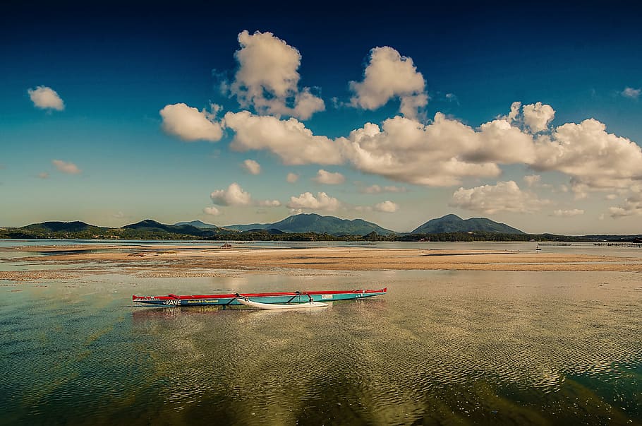 boat, sky, and pond, water, cloud - sky, mountain, scenics - nature HD wallpaper