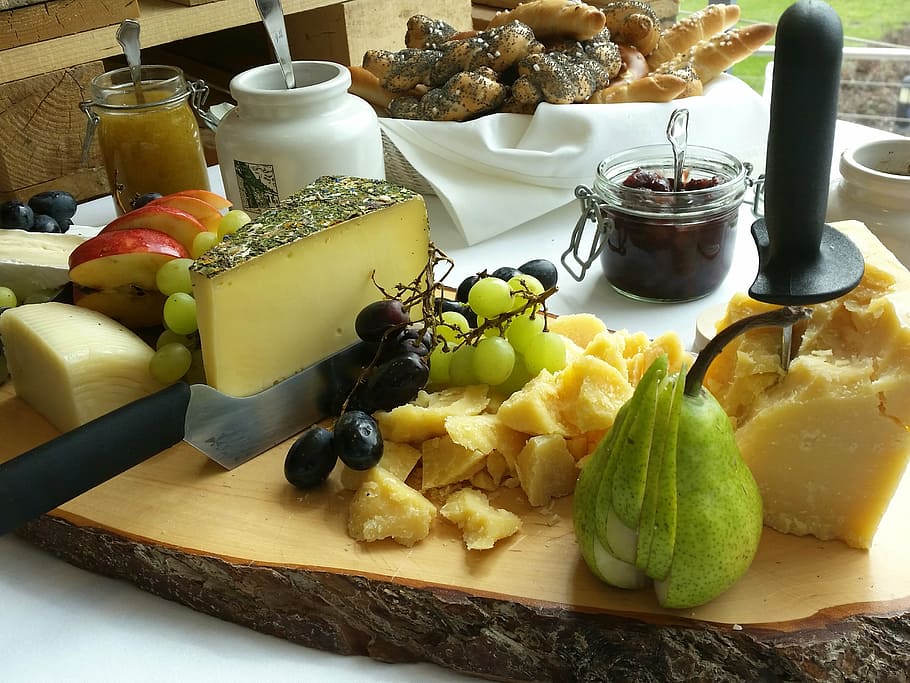 several fruits, cheese, delicatessen, käseplatte, austria, food, HD wallpaper